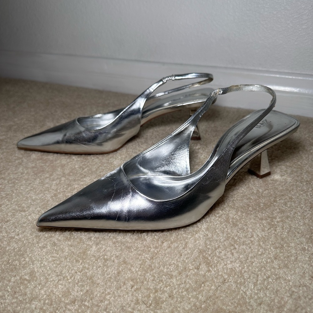 Zara Metallic Silver Pointed Toe Slingback Heels